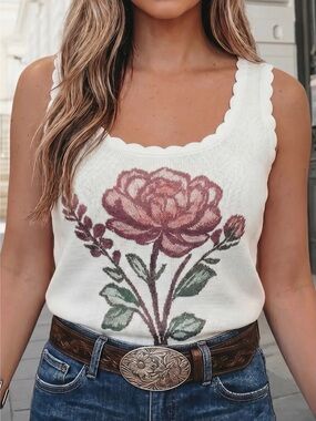 Rose graphic Scallop Neck Floral Knit Tank Top